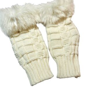 Fingerless Cream Knit Gloves w/ Faux Fur Trim